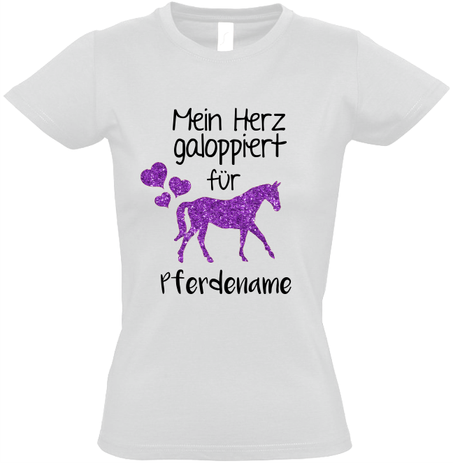 Pferde T-Shirt personalisiert weiß-lila mit Namen - zum Schließen ins Bild klicken
